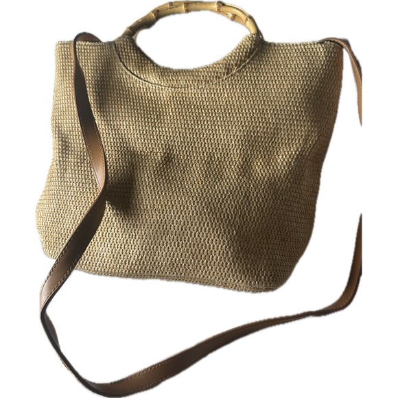 Vintage Fossil Double Bamboo Handle Bag Handbag Purse Shoulder Bag Y2K Boho Chic - Picture 1 of 7